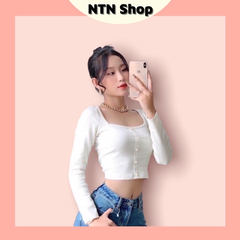 Áo Cổ Vuông viền Đính ngọc độc đáo tay dài (al).
