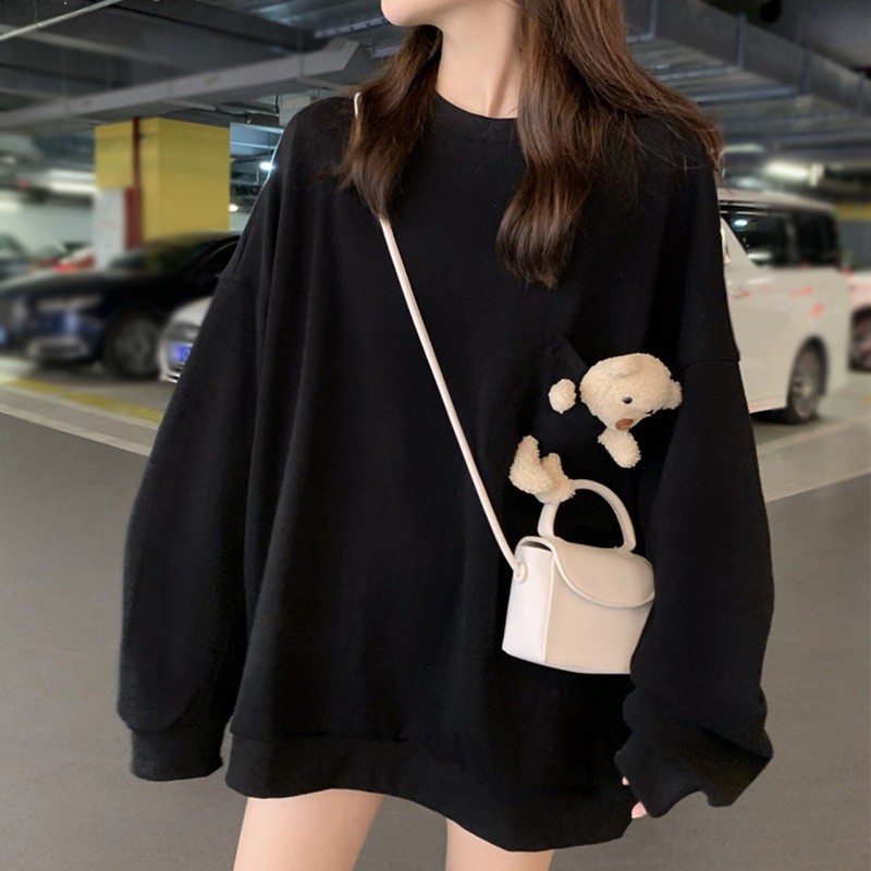 Áo Sweater Tay Dài Dáng Rộng In Hình Gấu Xinh Xắn Phong Cách Hàn Quốc Cho Nữ