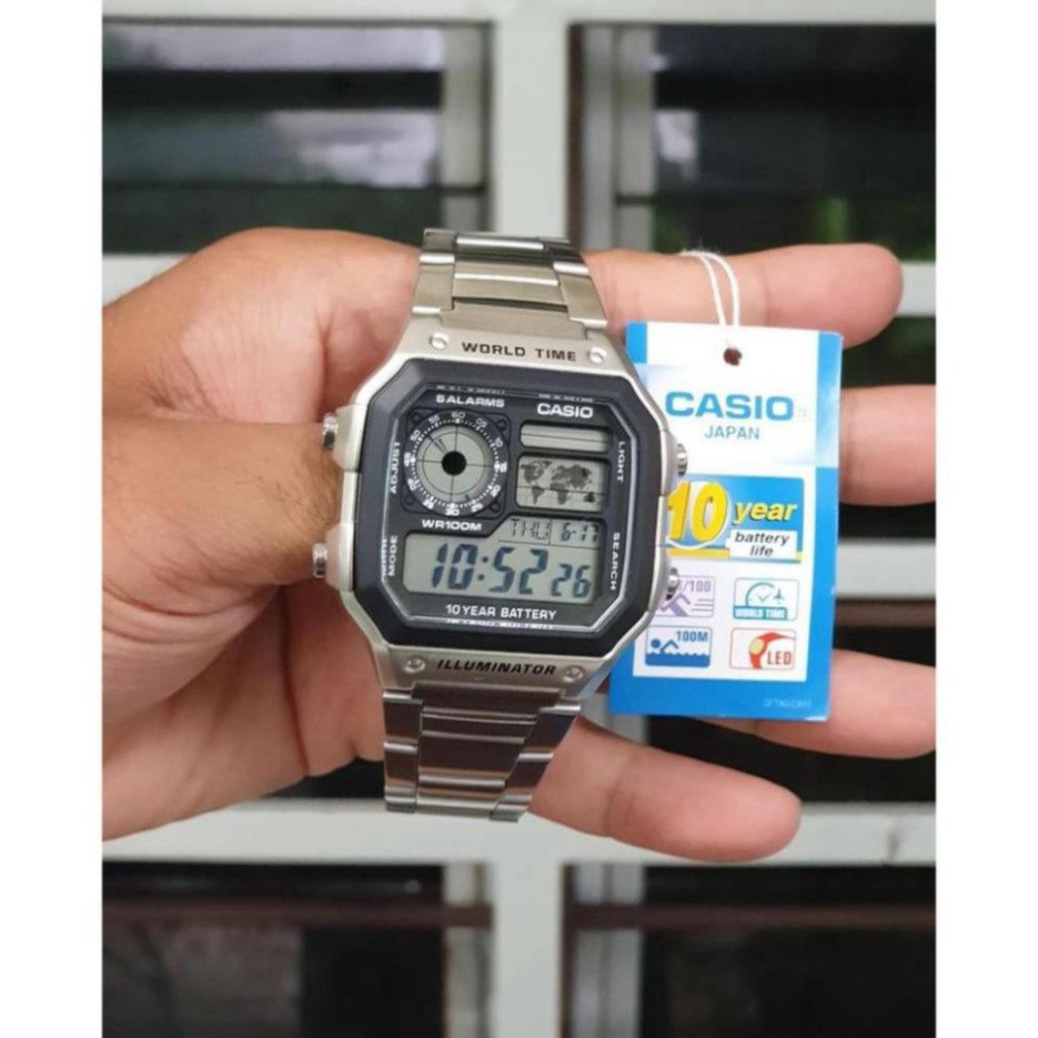 (Thẻ bảo hành 12 tháng) Đồng hồ nam Casio AE 1200-WHD classic chống nước , dây thép không gỉ-Đồng.hồ.casio