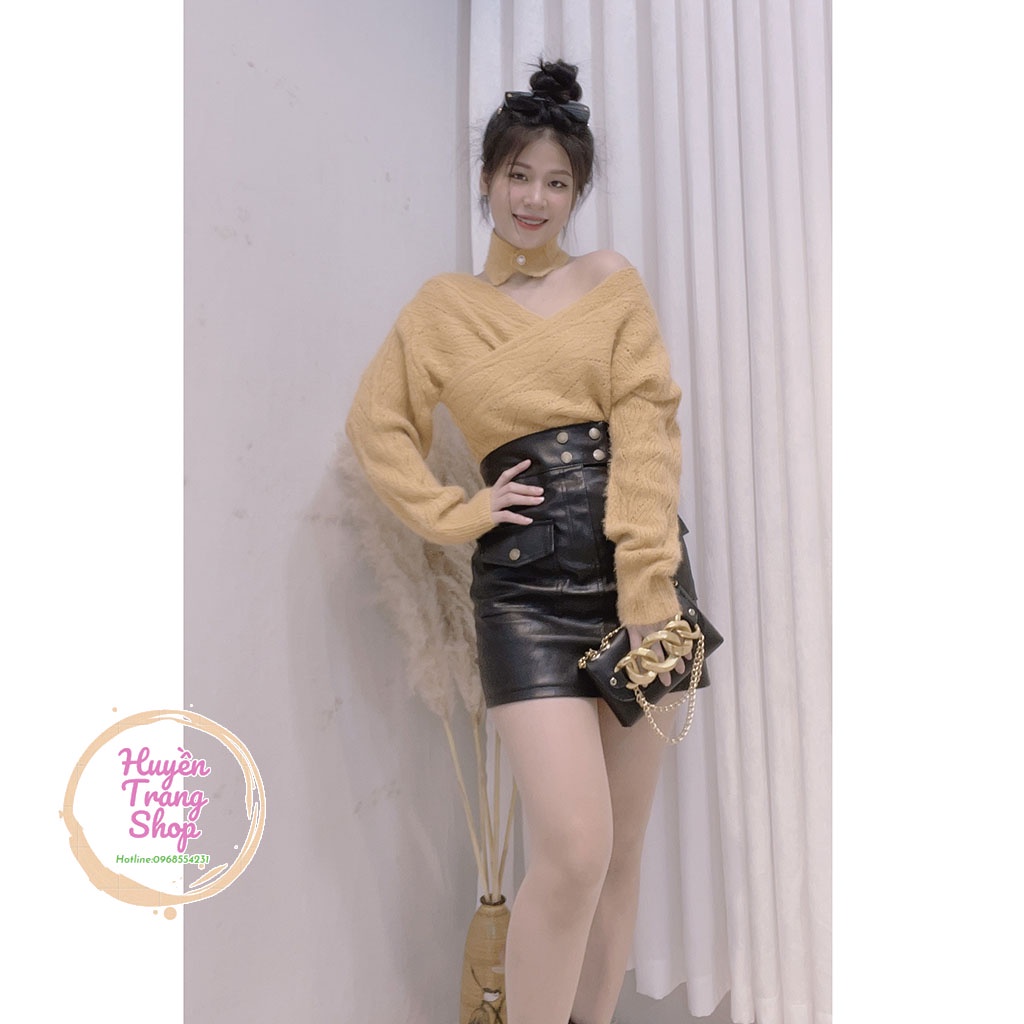 Áo len trễ vai kèm vòng cổ sang chảnh MÀU CAM