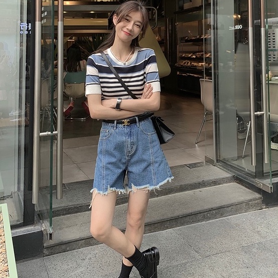 Áo Thun Dệt Kim Tay Ngắn Cổ Tròn Dáng Rộng Họa Tiết Kẻ Sọc Thời Trang Trẻ Trung