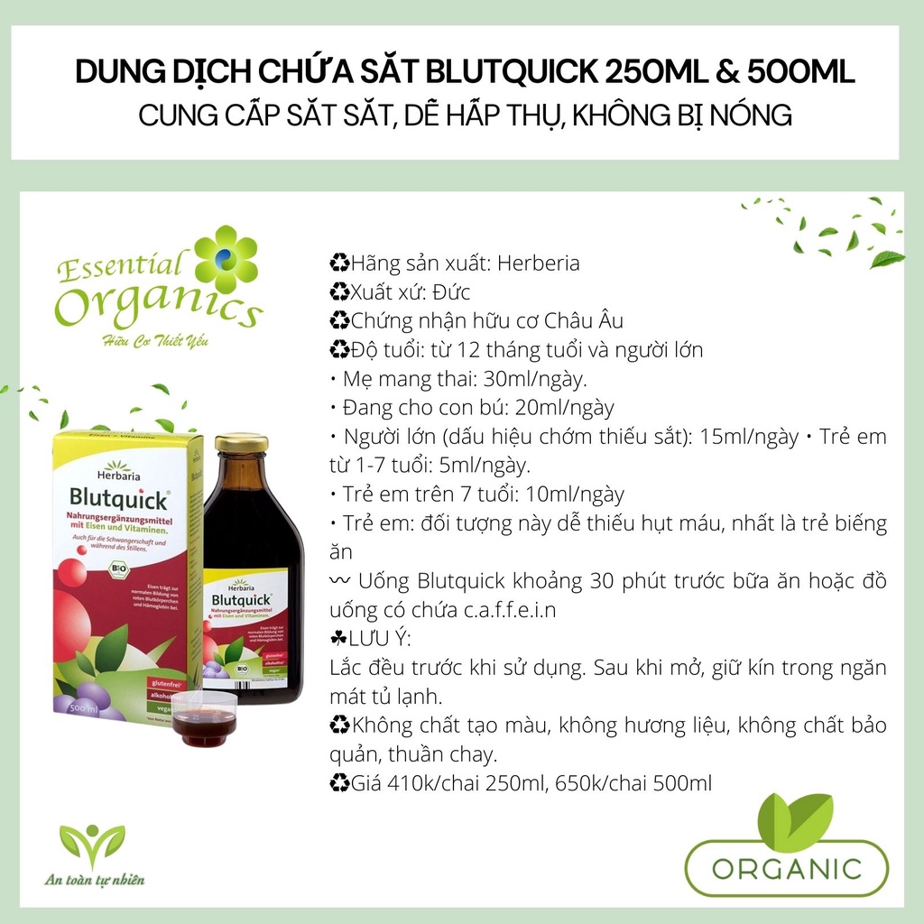 Dung dịch bổ sung Sắt Blutquick Đức, bổ sung SẮT cho bé và người lớn, dạng nước dễ hấp thụ không gây nóng