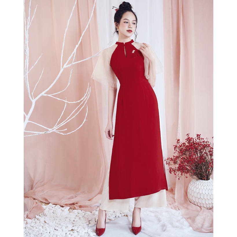 Áo dài cách tân nữ tay lưới LOLEM SQ029 cách điệu đính pha lê chất tăm Nhật