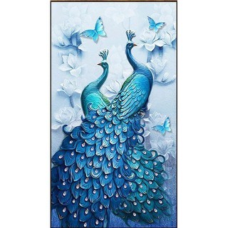 Tranh đính đá toàn bộ - đôi chim công xanh