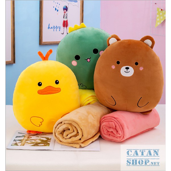 Gối mền tròn cute 3 trong 1 chất nỉ nhung cực mịn, hàng loại 1, bộ chăn gối văn phòng, gấu bông kèm 