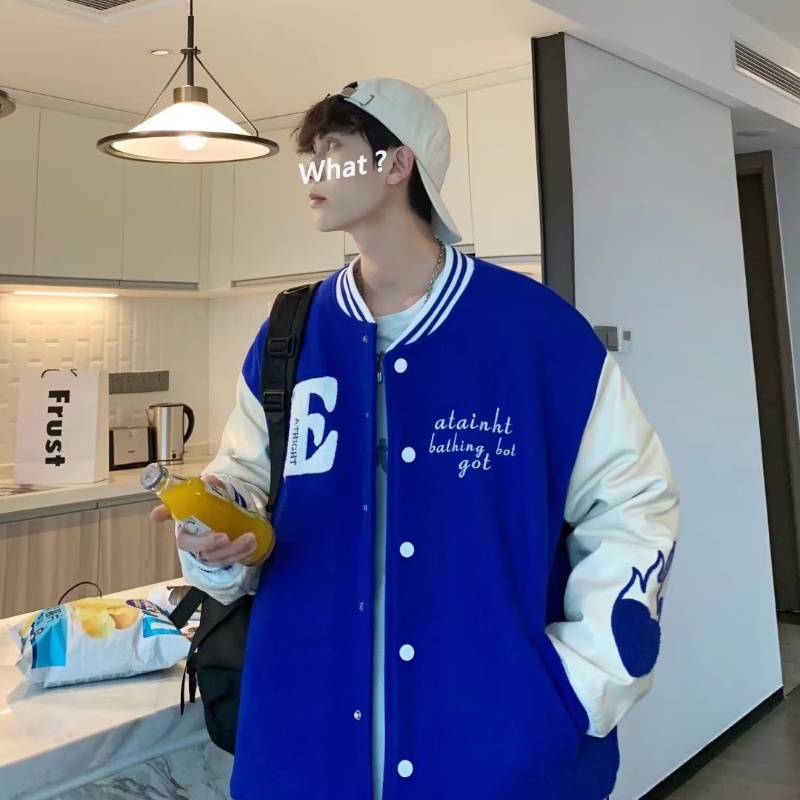 Áo Khoác Bóng Chày Màu Xanh Dương Thêu Chữ Trẻ Trung Thời Trang Xuân Thu Cho Nam