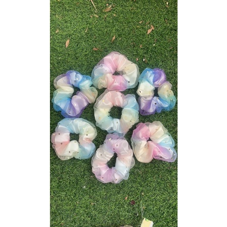 Dây buộc tóc, cột tóc scrunchies càu vòng 2 lớp siu to size 13cm lụa hàn quốc phối lưới