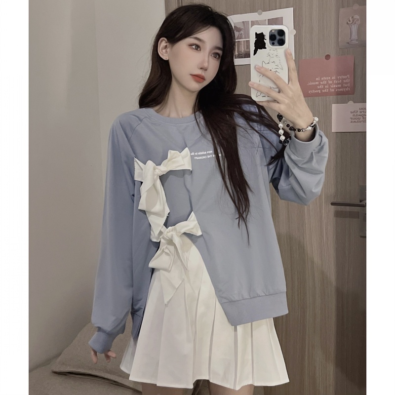 Áo thun ZHELIHANGFEI dài tay thắt nơ xẻ tà xinh xắn cho nữ