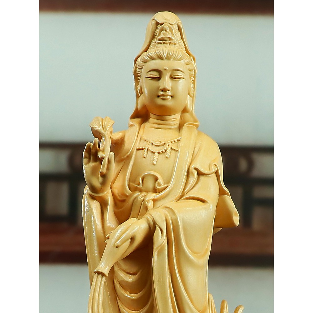 Tượng Phật Quan Âm Ngự Long Qúa Hải bằng gỗ Hoàng Dương MSPC170 (cao 17 cm)