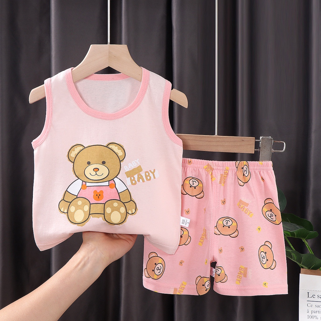 Set áo sát nách + quần short vải cotton thoáng khí phong cách Hàn Quốc cho bé