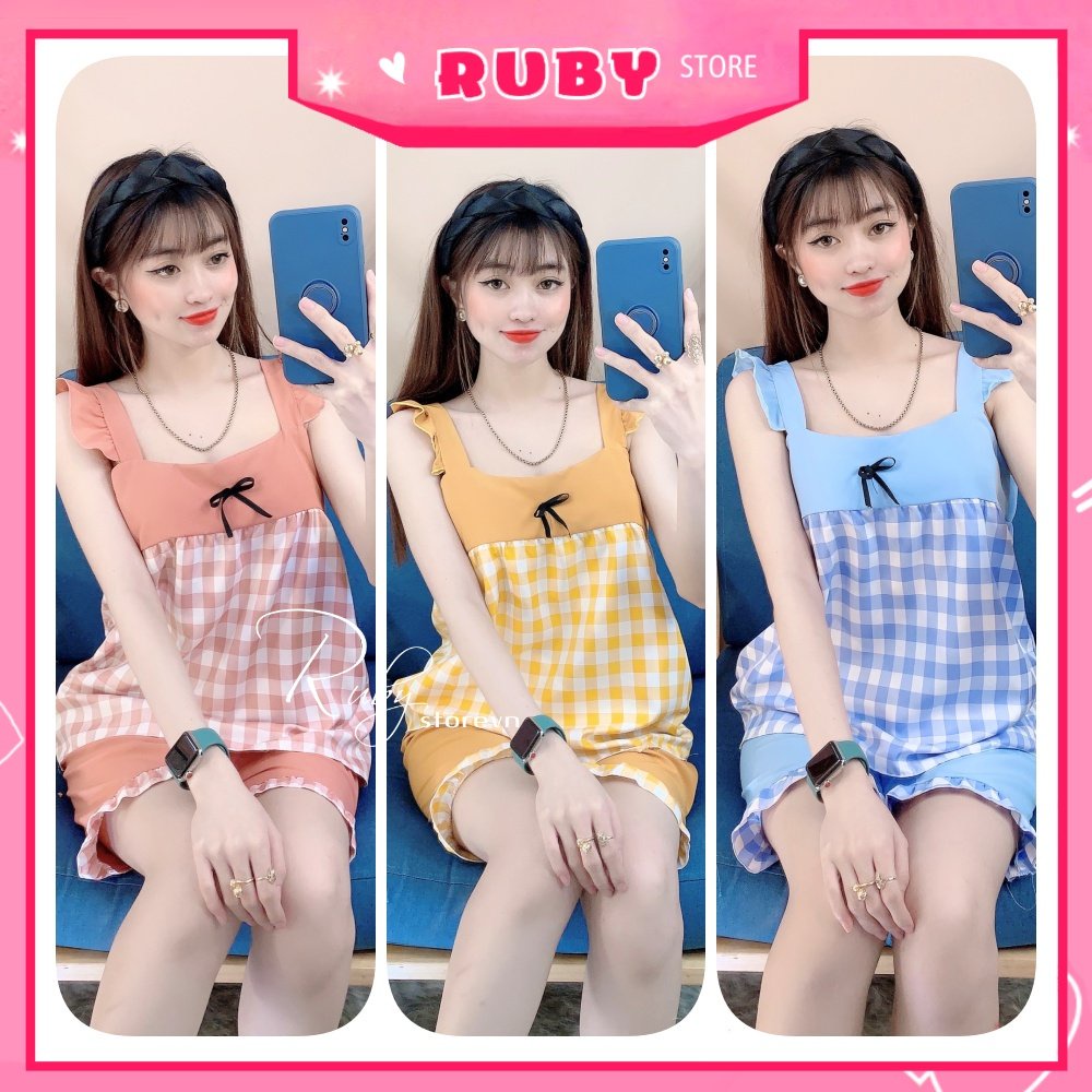 Đồ bộ kate đùi cho nữ mặc nhà vải mềm mát in họa tiết caro nhí dễ thương BKT242