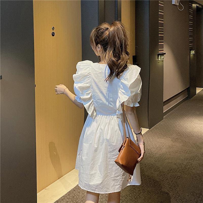 Đầm Ngắn Tay Phồng Cổ Chữ v Eo Cao Ôm Dáng Phong Cách Retro Pháp Thời Trang Mùa Hè Dành Cho Nữ
