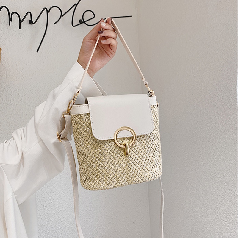 Túi Đeo Vai Đan Rơm Có Khóa Cài Kiểu Dáng Đơn Giản Dành Cho Nữ
