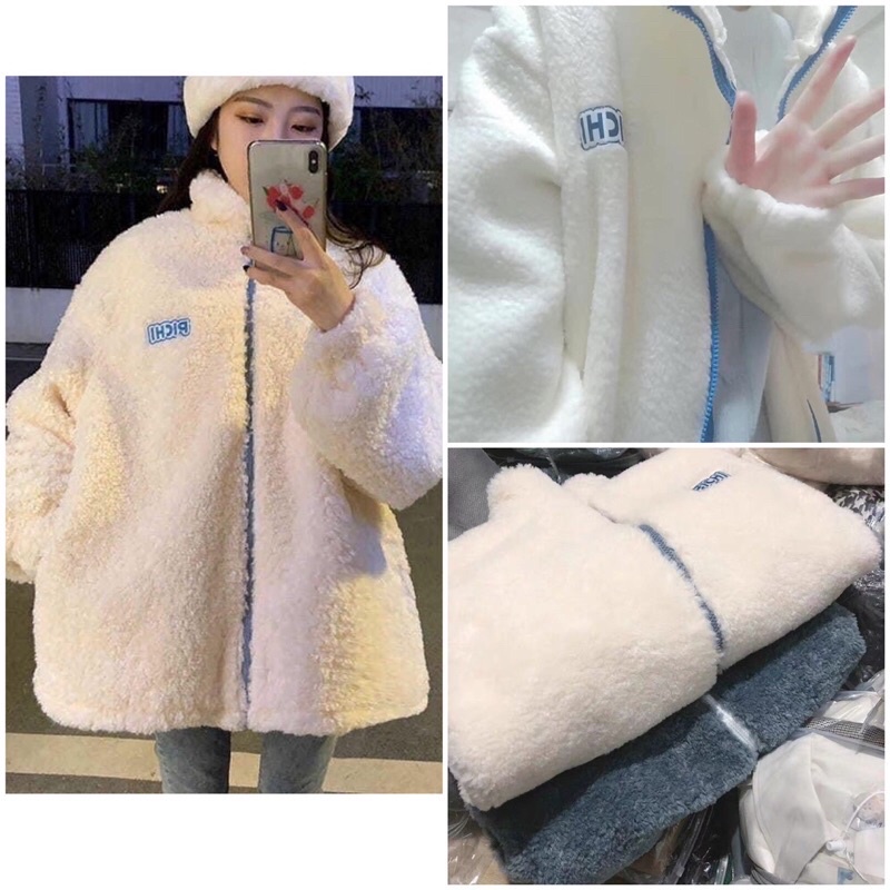 Áo khoác nữ khóe khóa có mũ dài tay thêu chữ PICHI 2 màu dày dặn