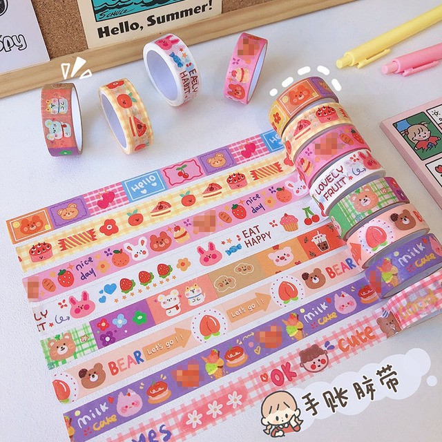 Washi tape cute chủ đề Bear Fruit nhiều màu sắc kèm hoạ tiết dễ thương dài 3m siêu tiết kiệm BmBooks