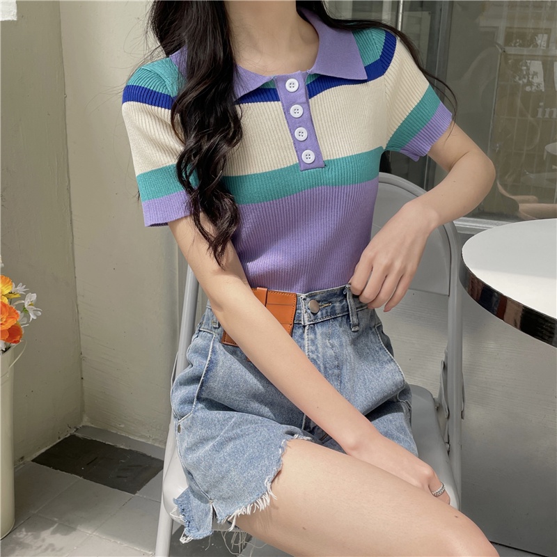Áo thun polo dệt kim ZHELIHANGFEI tay ngắn kẻ sọc màu sắc dễ thương xinh xắn