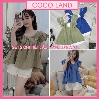 Set Áo babydoll kèm  quần short trắng - Set áo babydoll cánh tiên đũi nhật thêu hoa thủ công xuất sắc