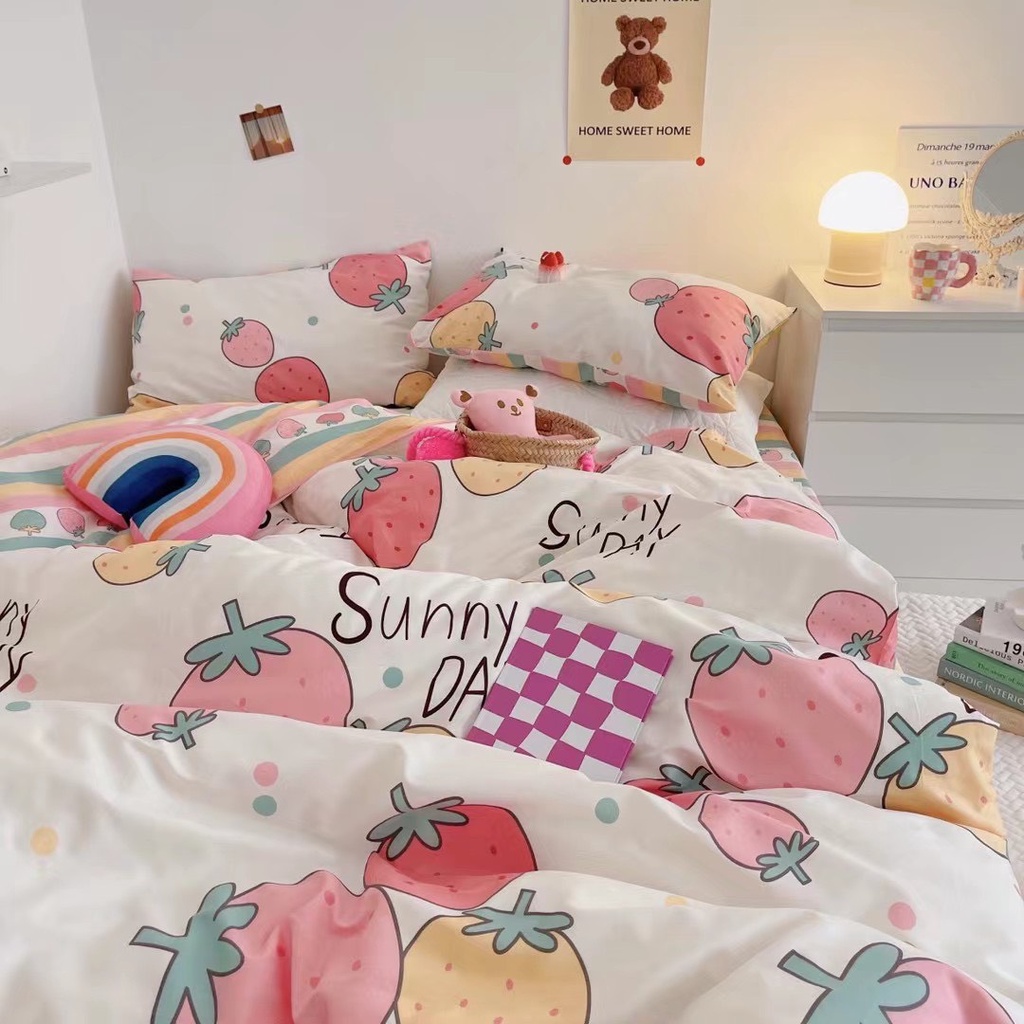 bộ chăn ga gối cotton living nhập khẩu lonaabedding họa tiết dâu tây sunny day ( full size)