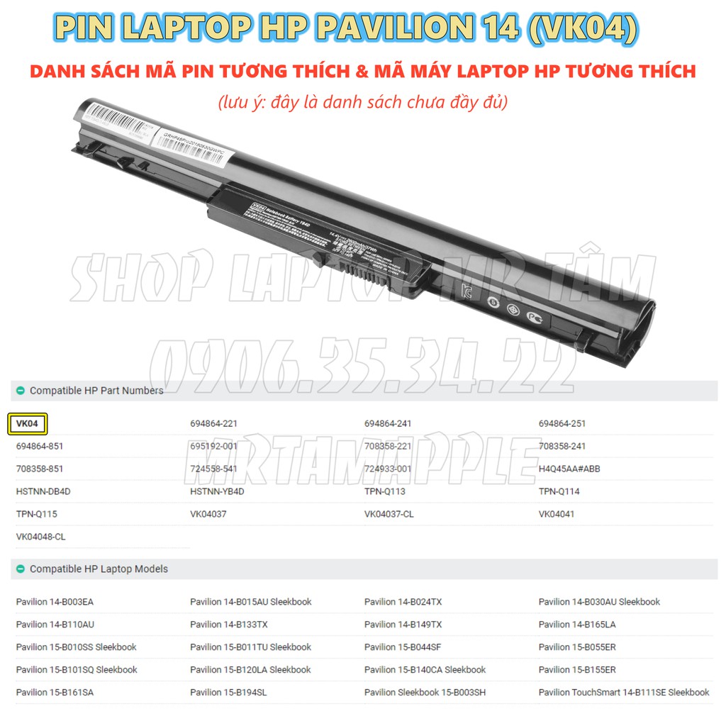(BATTERY) PIN LAPTOP HP PAVILION 14 (VK04) - 4 CELL - Pavilion SlPavilion Sleekbook 14 15, 14 b000, 15 b000, Pavilion M4
