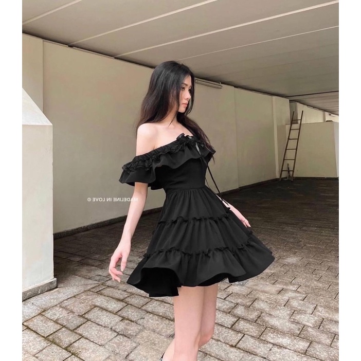 Váy đầm trễ vai chiết eo cao tầng xoè dáng Babydoll - by SGGz