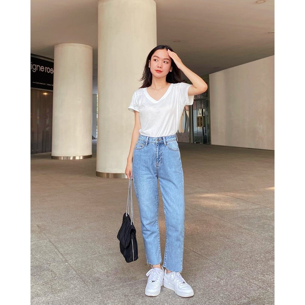 Quần Jeans Lưng Cao Nữ Cắt Lai - Momfit CutlineBlue - Hashtagem ( Mã MFCLJ - 02 )