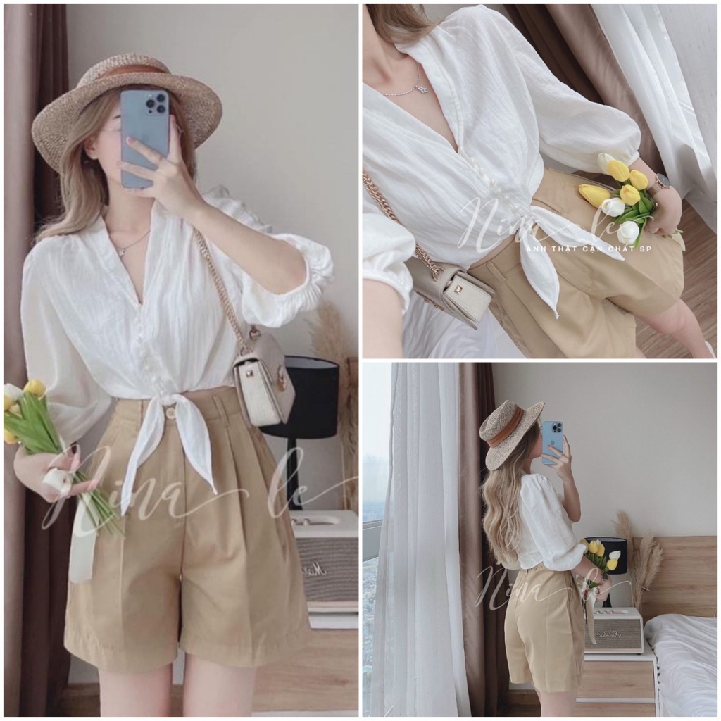 Set bộ đồ nữ đi biển áo croptop buộc nơ eo kèm quần short 1 màu