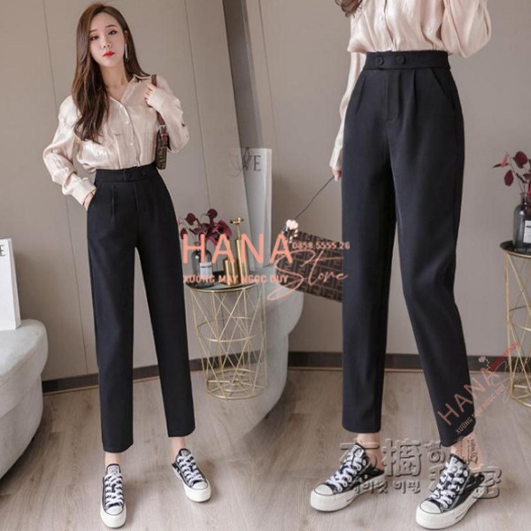 Quần tây nữ công sở dài 95cm có đai khóa 2 cúc khuy bấm - Dáng quần baggy công sở Đen - Vải dày Vitex - Học sinh đi học