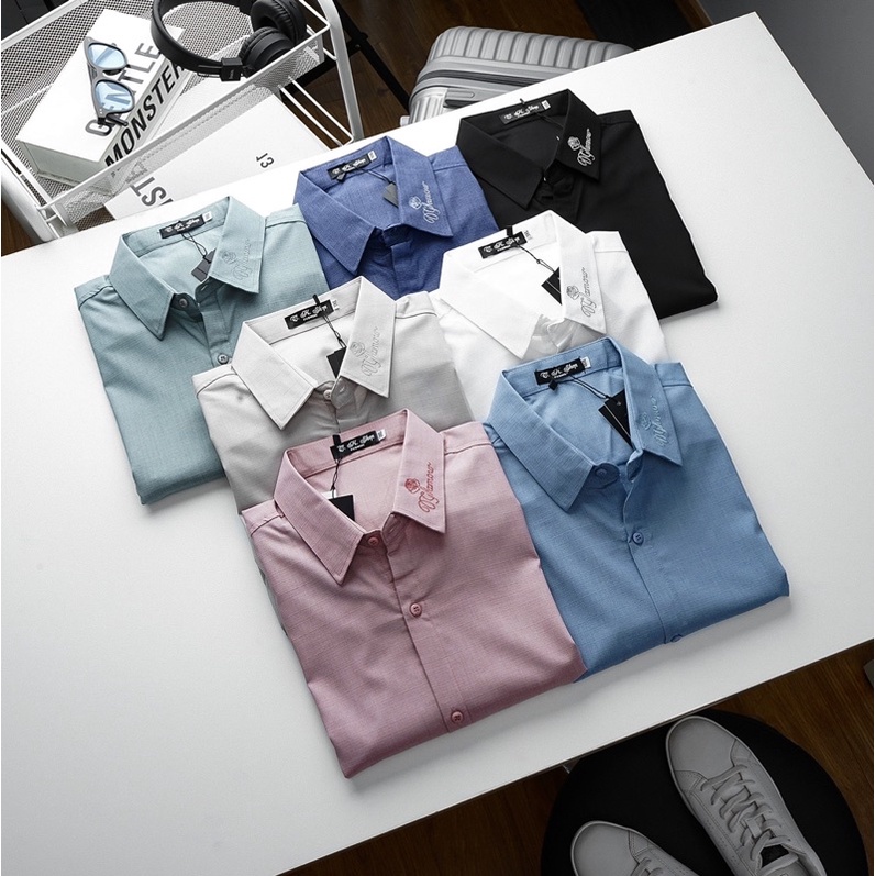 Áo sơ mi nam tay dài co giãn vải bố cao cấp thêu chữ tiệp màu