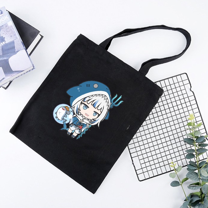 Túi tote vải đen đeo vai in hình GAWR GURA Hololive Vtuber phong cách anime chibi tiện lợi thời trang