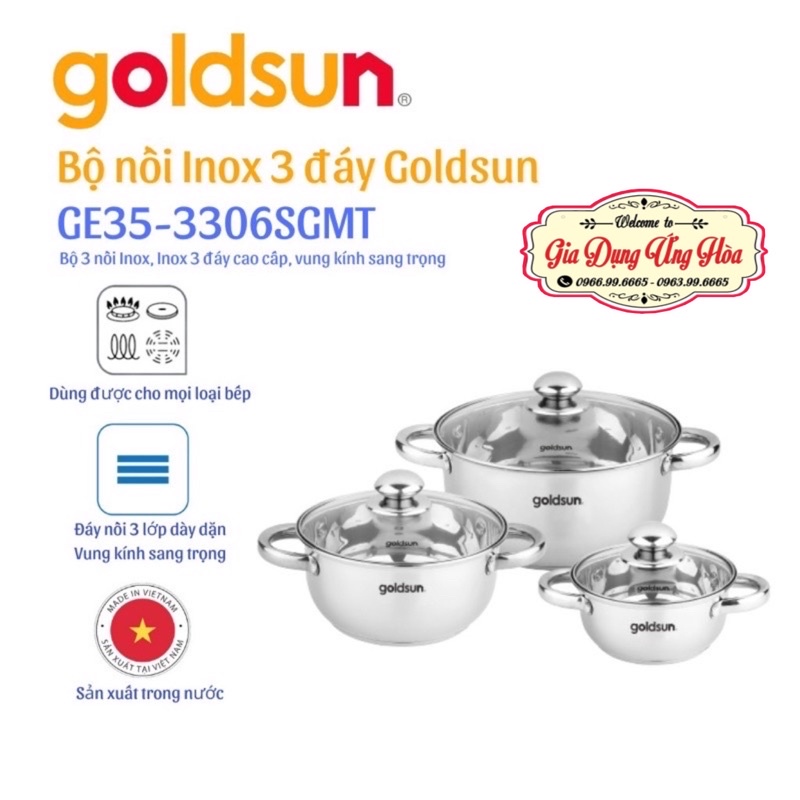 Bộ Nồi Inox 3 Đáy Goldsun GE39-3306SG ( Dùng tất cả các loại bếp) Hàng Chính Hãng