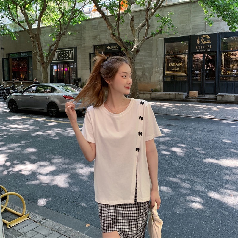 Áo Thun Tay Ngắn Màu Trắng Năng Động Thời Trang 164210 Áo Thun Cổ Tròn Đính Nơ Thời Trang