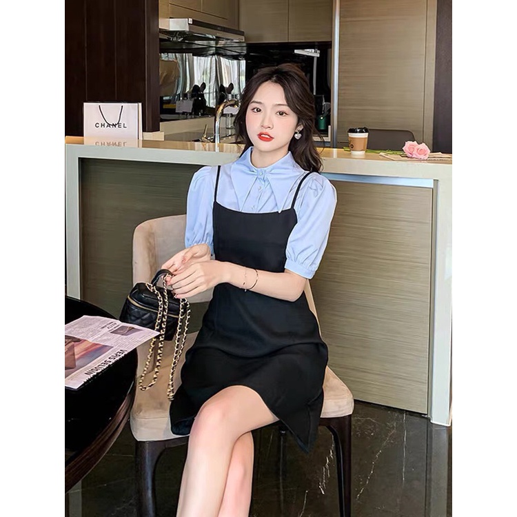 Sét yếm váy hai dây đen trơn mix áo sơ mi xanh chất liệu cotton, áo sơ mi nữ cổ nhọn Hàn Quốc