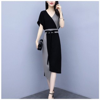 [niceshop1] Đầm công sở đen phối xám cổ V nơ eo