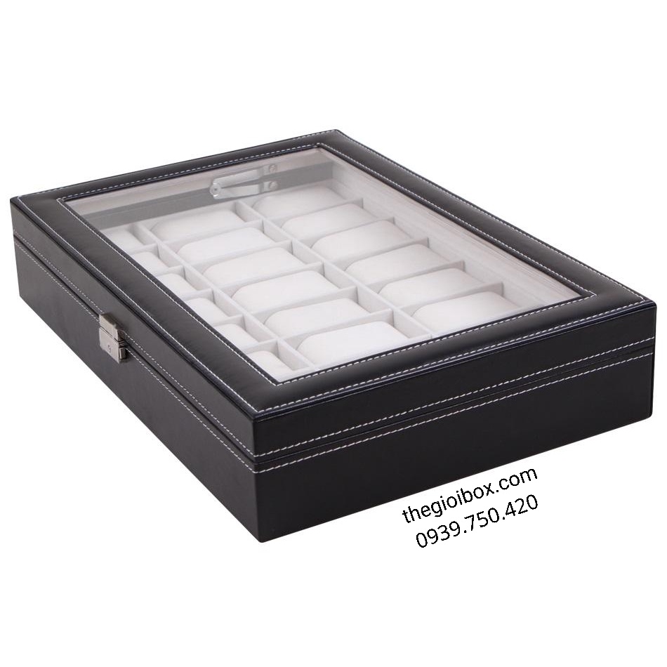 Hộp Đựng Đồng Hồ 24 Ngăn Da Đen - Để 24 Chiếc Đồng Hồ Nắp Kính Chống Bụi Bẩn