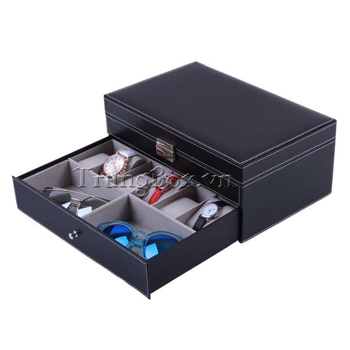 Hộp Đựng Đồng Hồ Trang Sức và Kính Mát 2 Tầng Vỏ Da - Mã 617