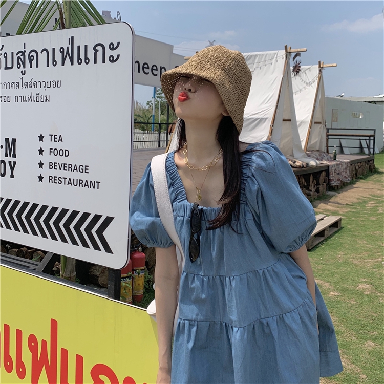  temperament over loose Pleated photo price Dress all Real Korean neck ~ square real skirt denim version | BigBuy360 - bigbuy360.vn