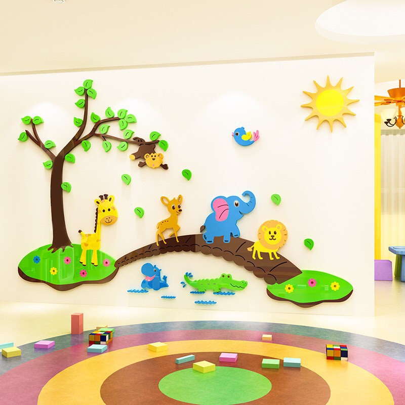 tranh dán tường 3d cho bé, tranh Mica dán tường - Động vật qua cầu, trang trí mầm non, trang trí khu vui chơi trẻ em