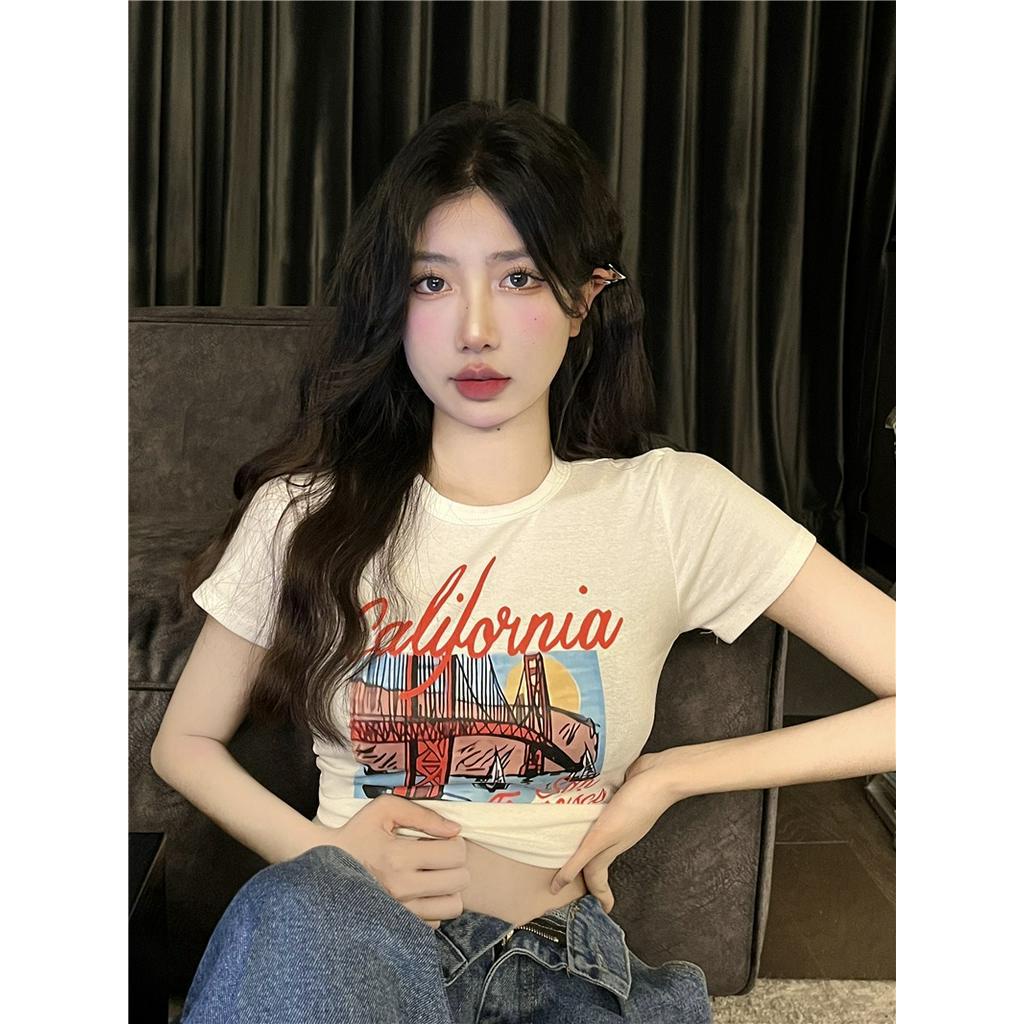 Áo Thun Cổ Tròn Dáng Ôm Ngắn In Họa Tiết Kiểu Retro Cá Tính 64016