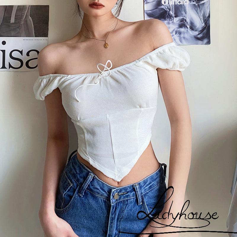 Áo Croptop Trễ Vai Tay Phồng Màu Sắc Đơn Giản Dành Cho Nữ