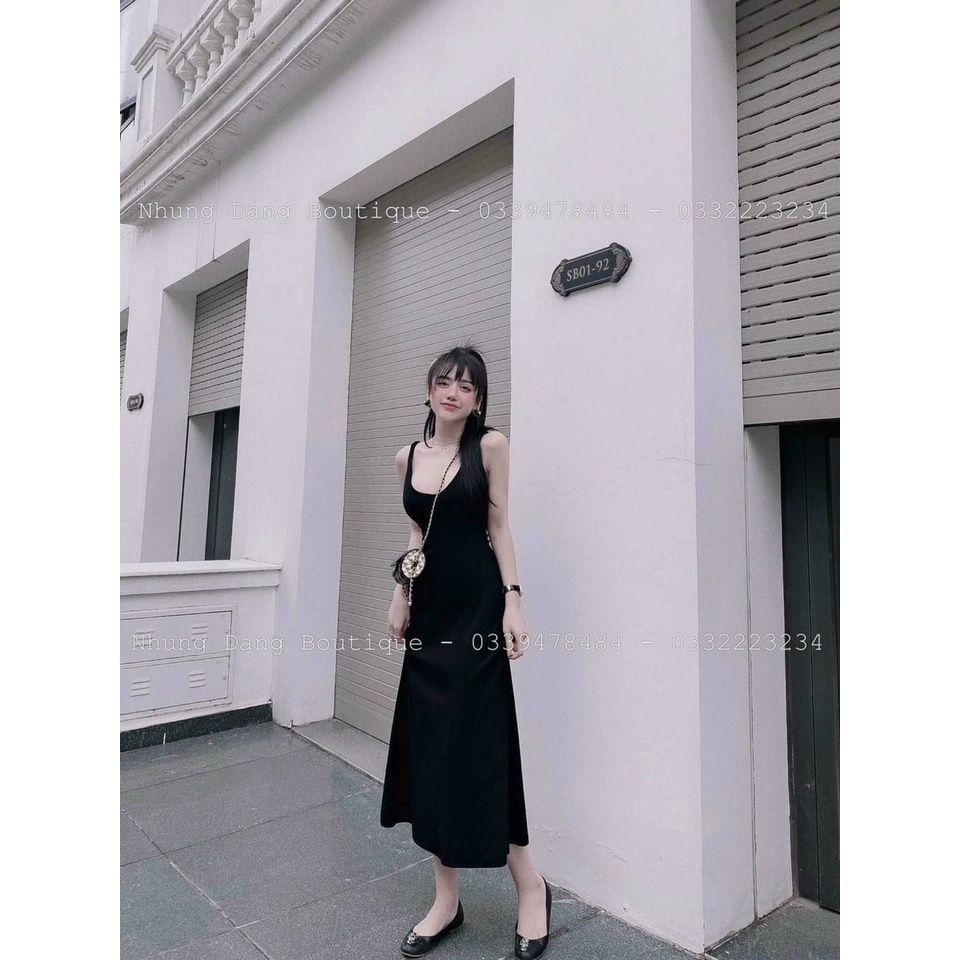Đầm dáng midi dài thun gân 2 dây cổ V sexy MK