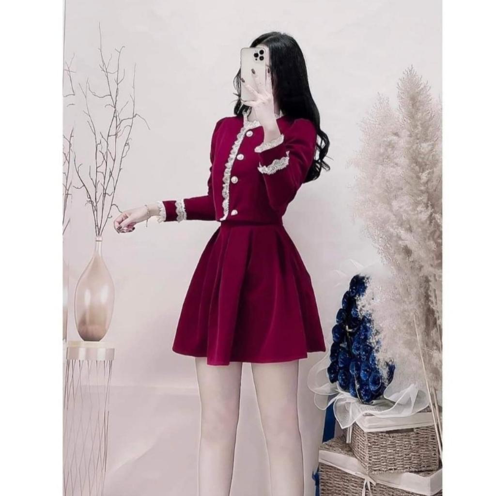 Váy nhung đỏ dáng xòe dự tiệc Set đầm nhung đỏ thiết kế sang chảnh HN Clothing V36 | BigBuy360 - bigbuy360.vn