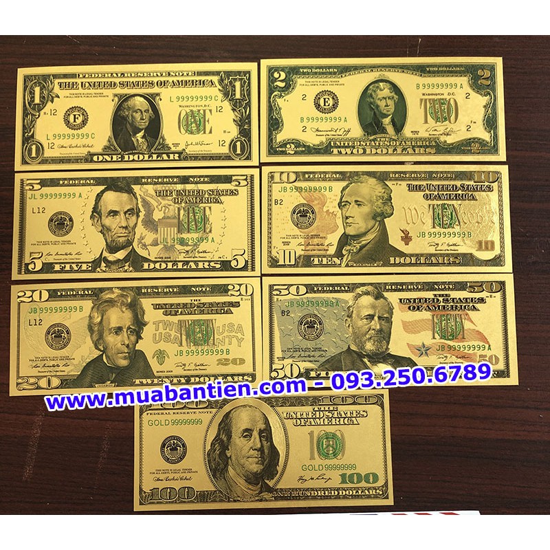 Bộ Tiền Đô Mỹ 7 tờ lưu niệm plastic mạ vàng óng ảnh mê hồn