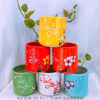 Chậu sứ Tài lộc hình cành đào đón xuân - Chậu sen đá 8x8 cm
