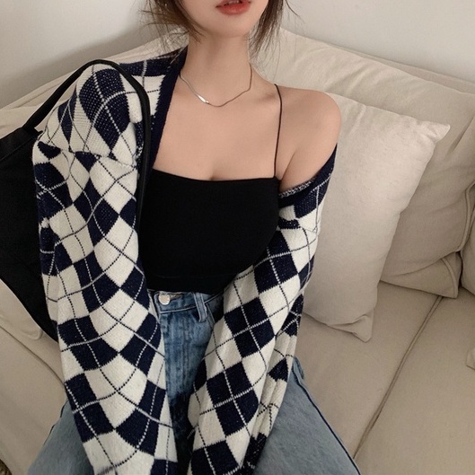 【ZHELIHANGFEI】Áo Khoác Cardigan Dệt Kim Tay Dài Họa Tiết Sọc Caro Phong Cách Quyến Rũ