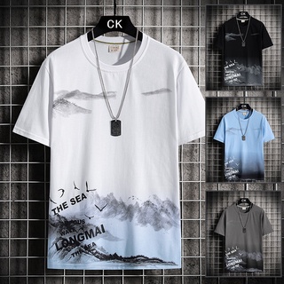 【M-3XL】Áo thun nam ngắn tay xu hướng thời trang mới in hình gradient