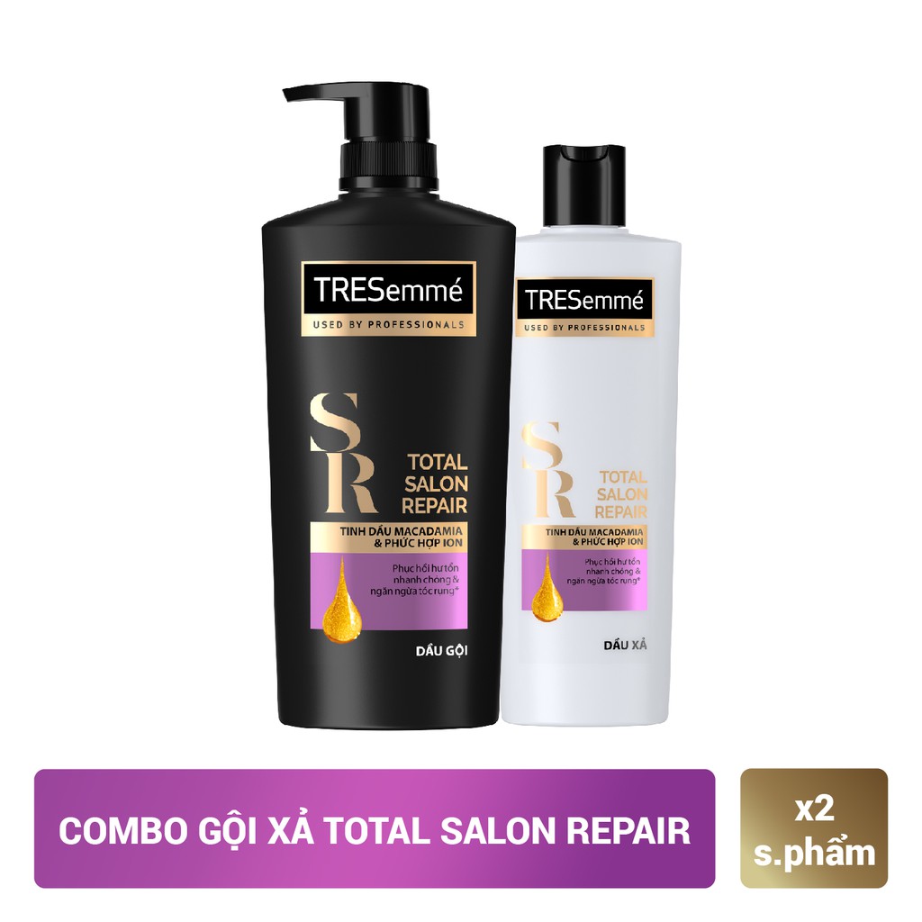 Combo Dầu gội 650g và Dầu Xả 340g Tresemmé Total Salon Repair Tinh Dầu Macadamia ngăn gãy rụng