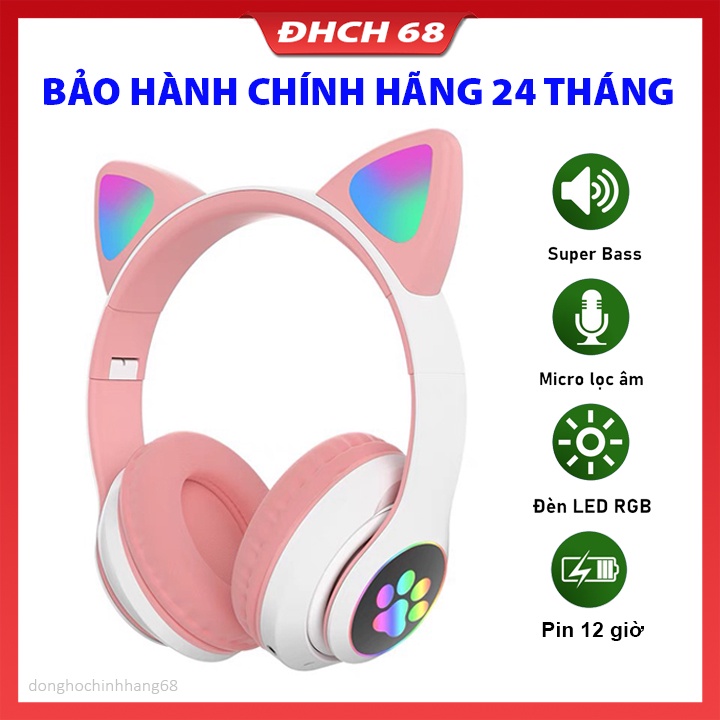 Tai Nghe Mèo Bluetooth Chụp Tai ,Tai Mèo Dễ Thương Có Mic, Âm Bass Mạnh Mẽ Bảo Hành 1 Năm