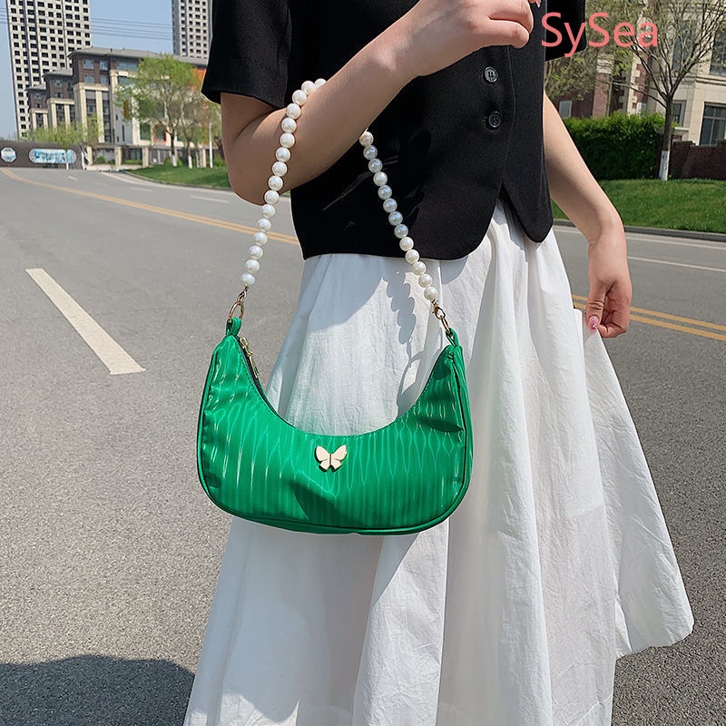 Túi Đeo Vai Phối Dây Xích Đính Ngọc Trai Hình Bướm Phong Cách Pháp