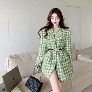 Set áo blazer tweed họa tiết houndstooth kèm thắt lưng thời trang
