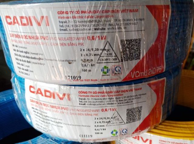 Dây điện đôi cadivi 2x24( VCmd 2X0,75mm²)100m